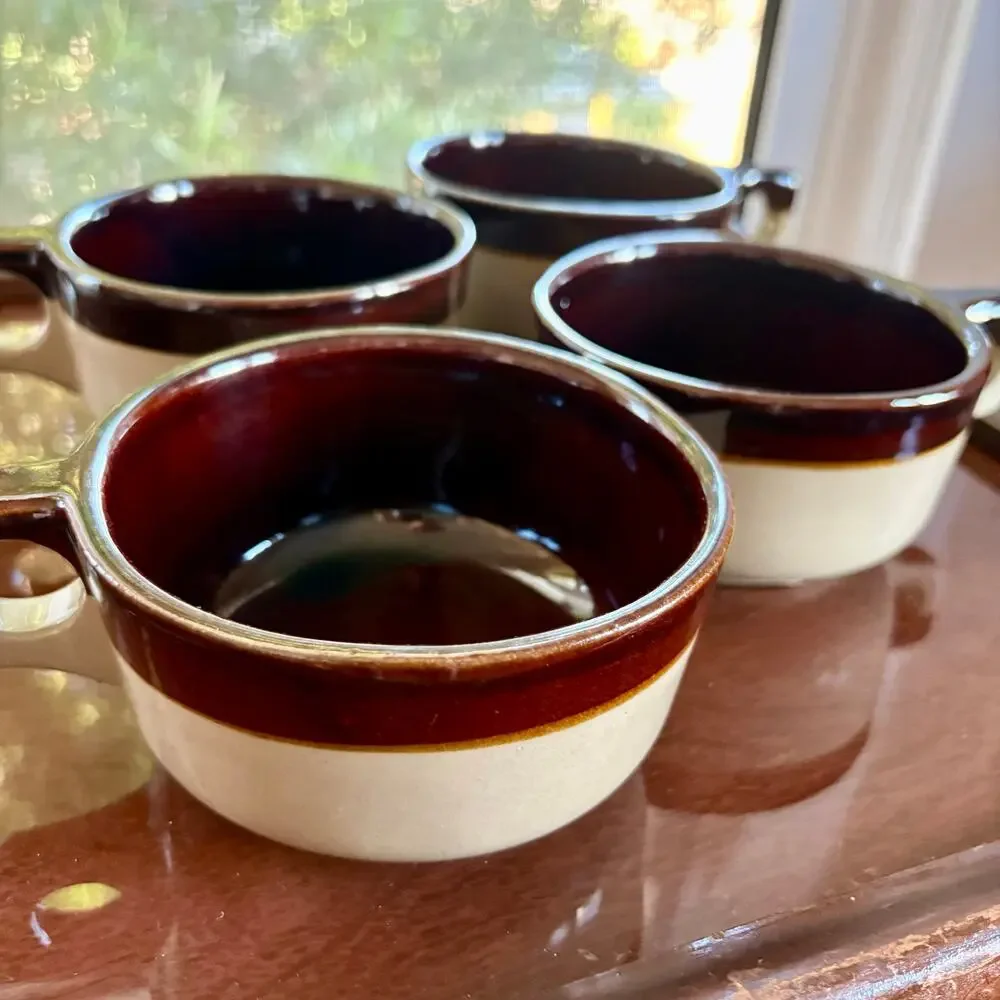 Vintage Western Stoneware Maple Leaf Brown Band Soup Mugs, Set of 4